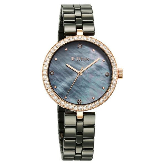 Titan Purple Ceramics Quartz Analog Mother of Pearl Dial Green Ceramic Strap Watch For Women