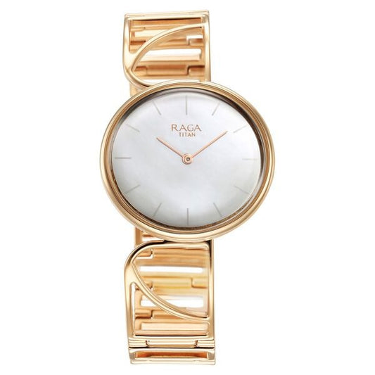 Titan Raga Power Pearls Quartz Analog Mother of Pearl Dial Rose Gold Metal Strap Oval Shaped Watch For Women