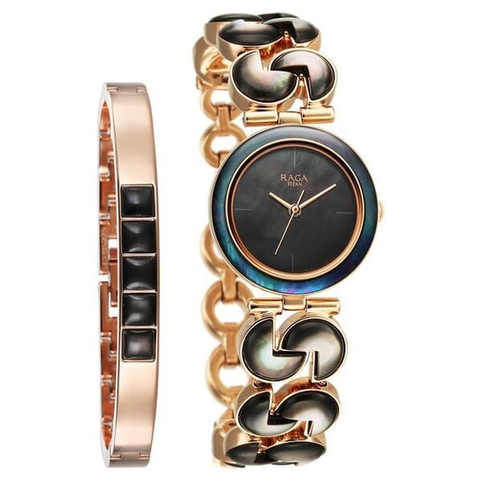 Titan Raga Black Pearl Quartz Analog Mother Of Pearl Dial Metal Strap Watch For Women
