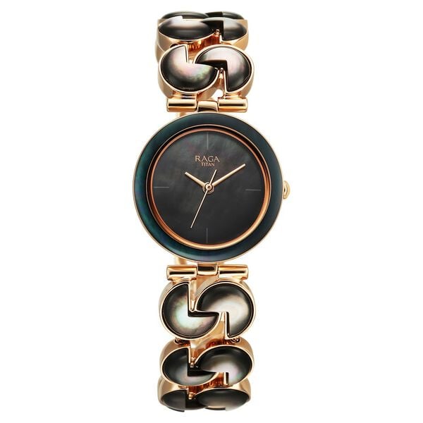 Titan Raga Black Pearl Quartz Analog Mother Of Pearl Dial Metal Strap Watch For Women