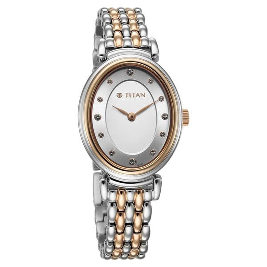 Titan Aura Quartz Analog Silver Dial With Two Toned Stainless Steel Strap Watch For Women
