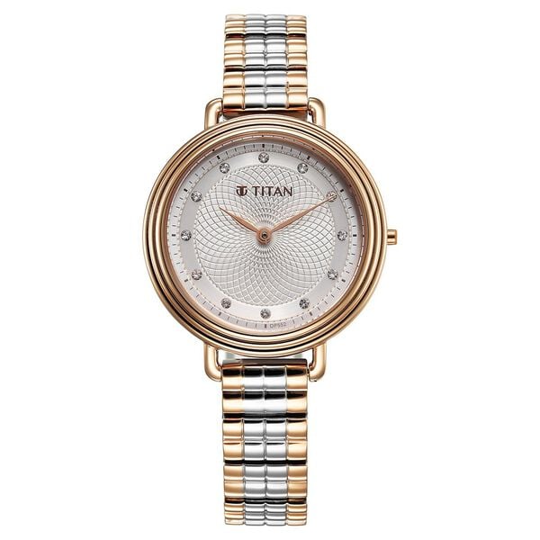 Titan Aura Quartz Analog Silver Dial Two Toned Stainless Steel Strap Watch For Women
