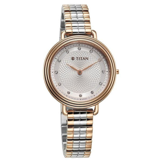 Titan Aura Quartz Analog Silver Dial Two Toned Stainless Steel Strap Watch For Women