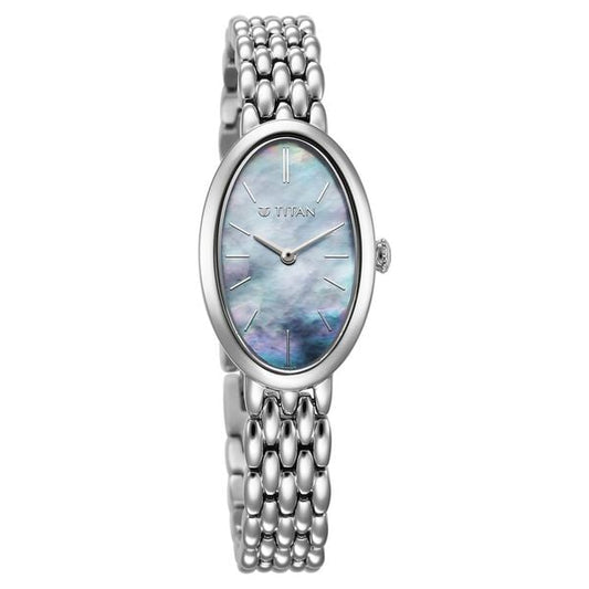 Titan Aura Quartz Analog Mother Of Pearl Dial Stainless Steel Strap Watch for Women