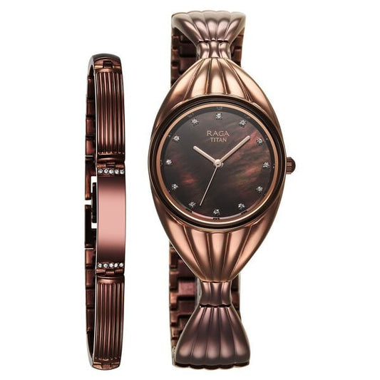Titan Raga Memoirs Quartz Analog Mother Of Pearl Dial With Brown Metal Strap Watch For Women