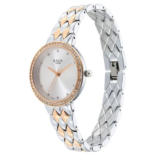 Titan NT95282KM01 Raga Showstopper Silver Round Dial Two Toned Metal Strap Watch For Women