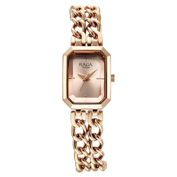 Titan Raga Showstopper Quartz Analog Rose Gold Dial Rose Gold Metal Strap Rectangular Shaped Watch For Women