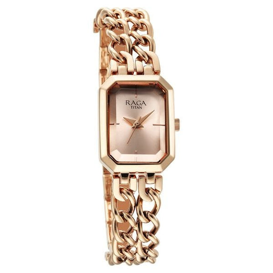 Titan Raga Showstopper Quartz Analog Rose Gold Dial Rose Gold Metal Strap Rectangular Shaped Watch For Women
