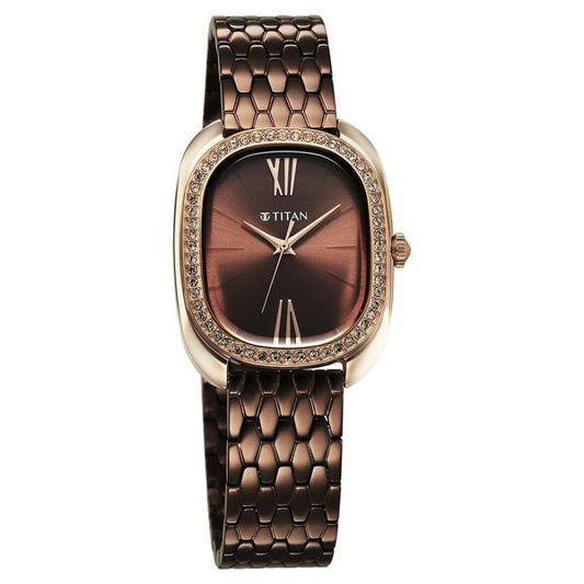 Titan Glamour Quartz Analog Brown Dial Brown Stainless Steel Strap Watch For Women
