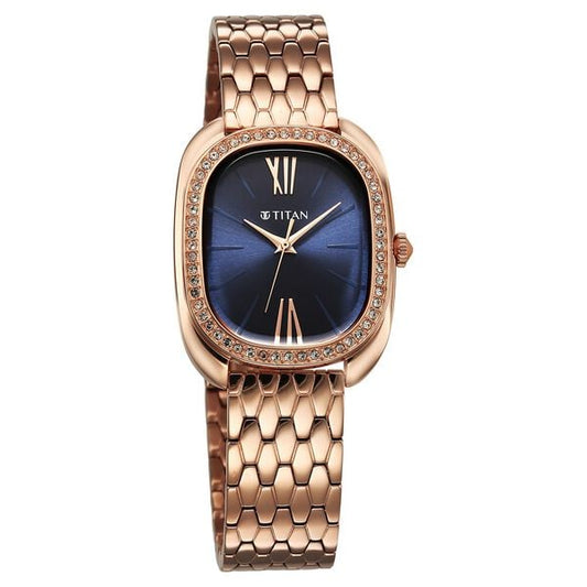Titan Glamour Quartz Analog Blue Dial Rose Gold Stainless Steel Strap Watch For Women