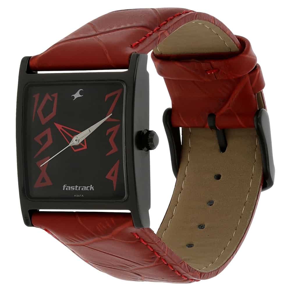NP9735NL01 BLACK DIAL RED LEATHER STRAP WATCH - Kamal Watch Company