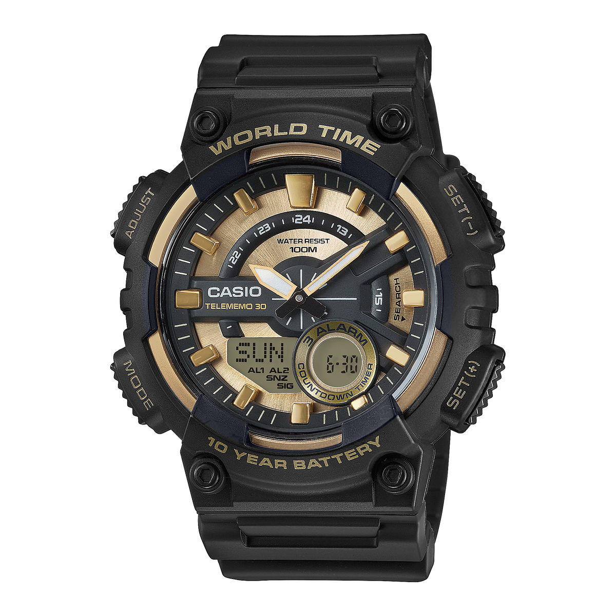 Casio AEQ-110BW-9AV – front three-quarter view