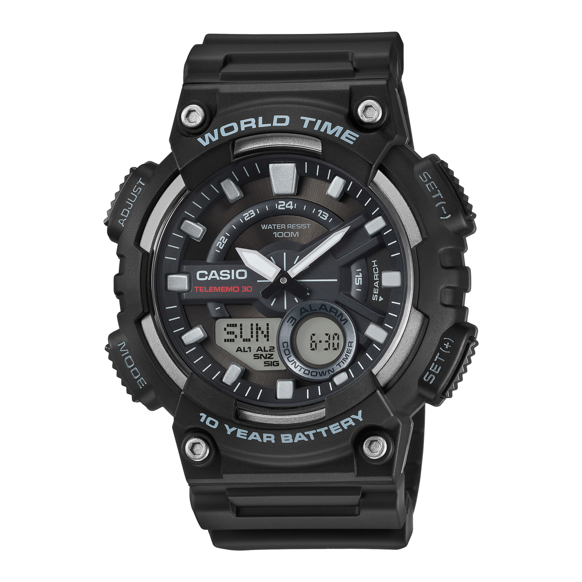 Casio AEQ-110W-1AV – front three-quarter view