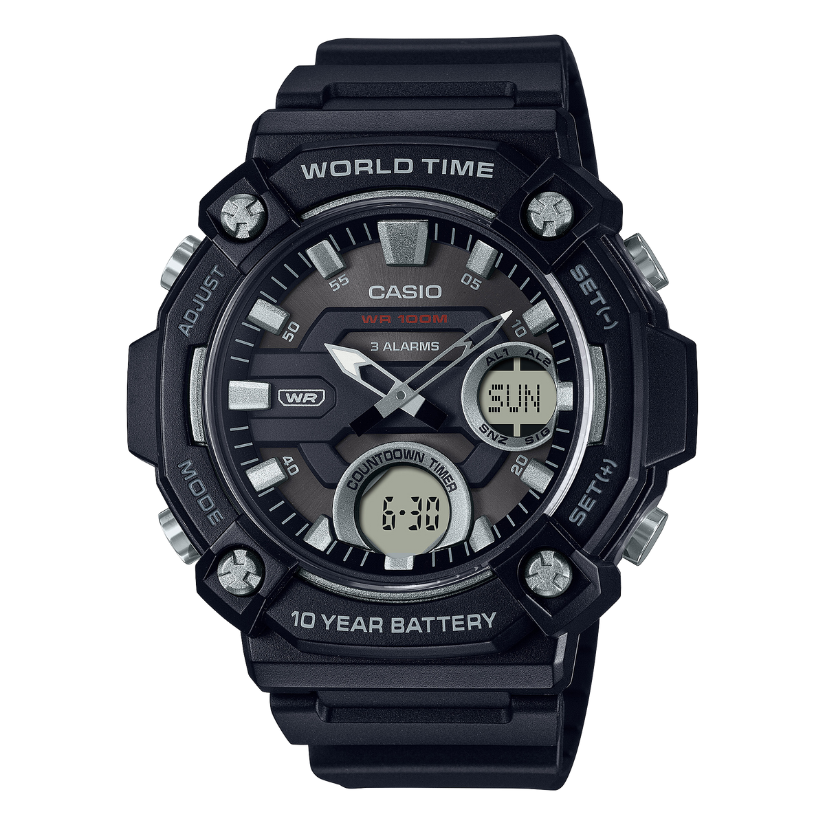 Casio AEQ-120W-1AV – front three-quarter view