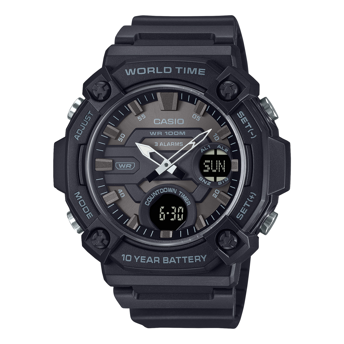 Casio AEQ-120W-1BV – front three-quarter view