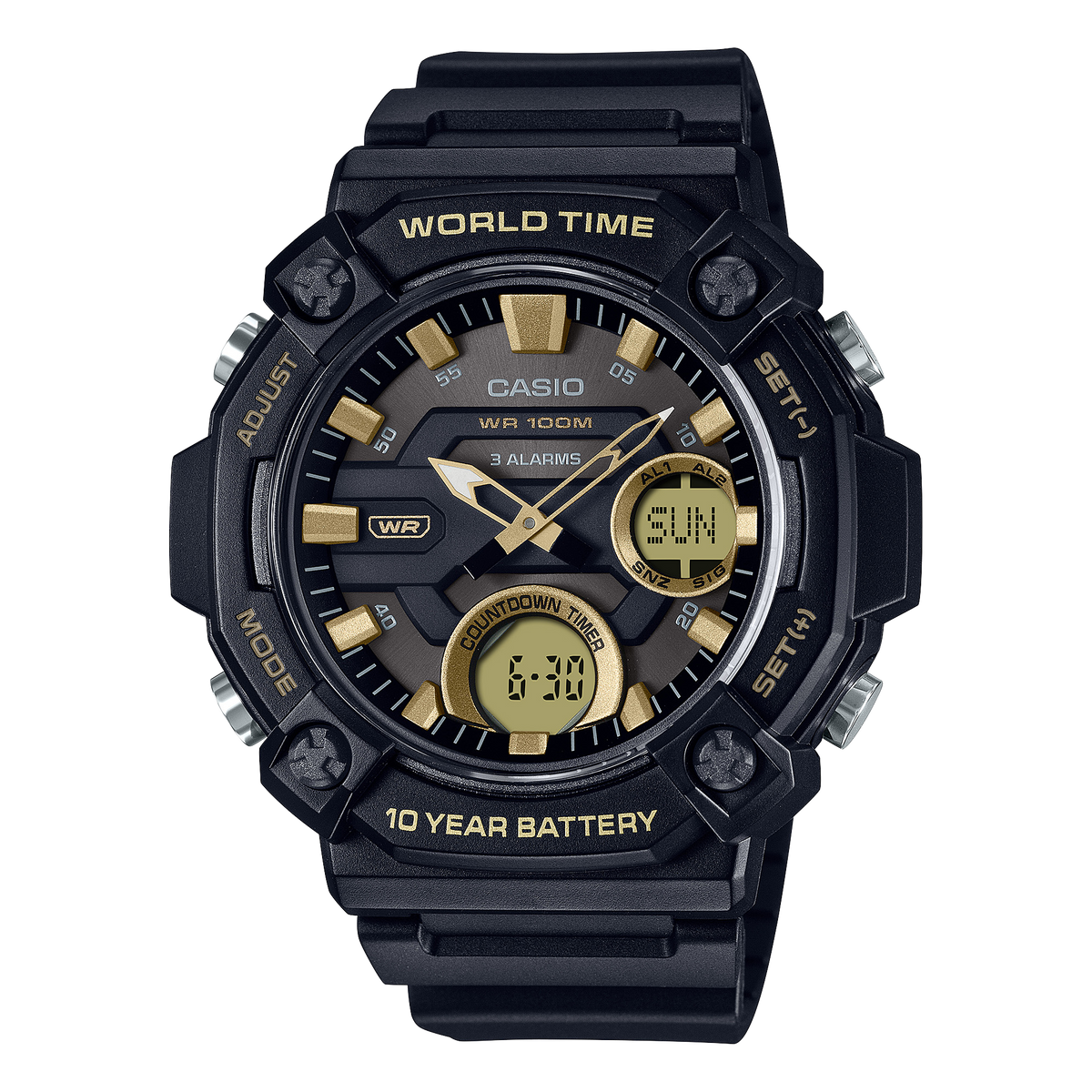 Casio AEQ-120W-9AV – front three-quarter view