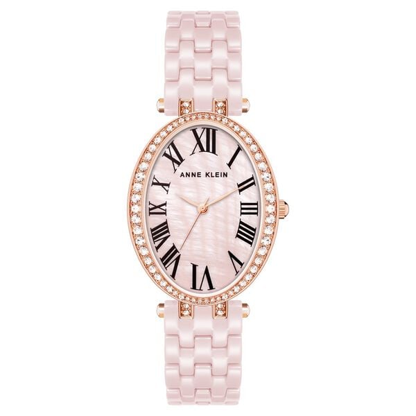 Anne Klein Quartz Analog Pink Dial Pink & Rose Gold Ceramic Strap Oval Shaped Watch For Women
