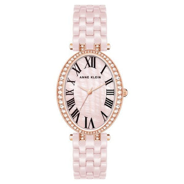 Anne Klein Quartz Analog Pink Dial Pink & Rose Gold Ceramic Strap Oval Shaped Watch For Women