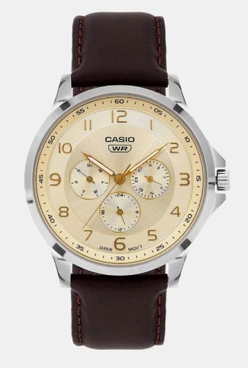 Casio Enticer Men Quartz Champagne Dial Multi-Function Leather Watch A2457