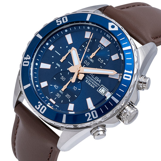 AM3813X1 Blue Dial Chronograph with Leather Strap - Kamal Watch Company