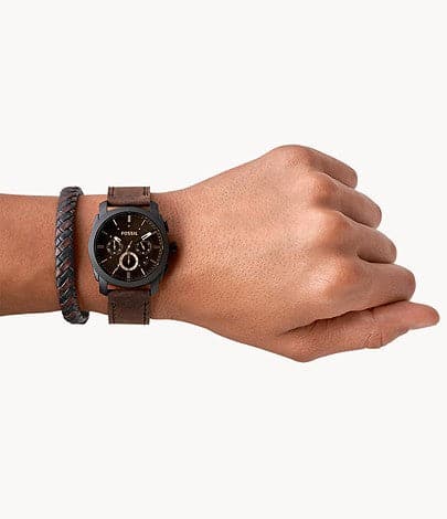 FOSSIL Machine Chronograph Dark Brown Leather Watch and Bracelet Box Set FS5251SET - Kamal Watch Company