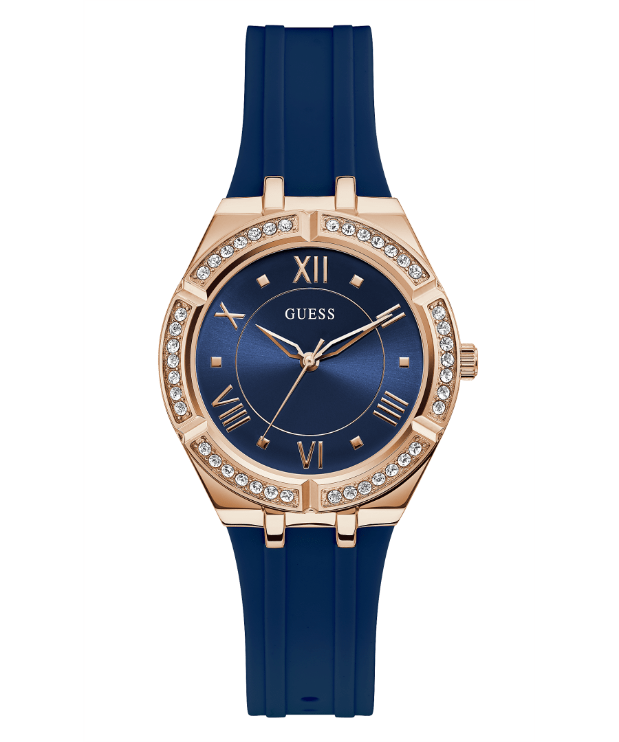 ROSE GOLD TONE CASE BLUE SILICONE WATCH-GW0034L4