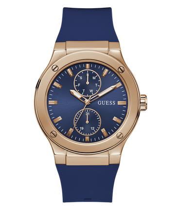 GUESS Mens Blue Rose Gold Tone Multi-function Watch
