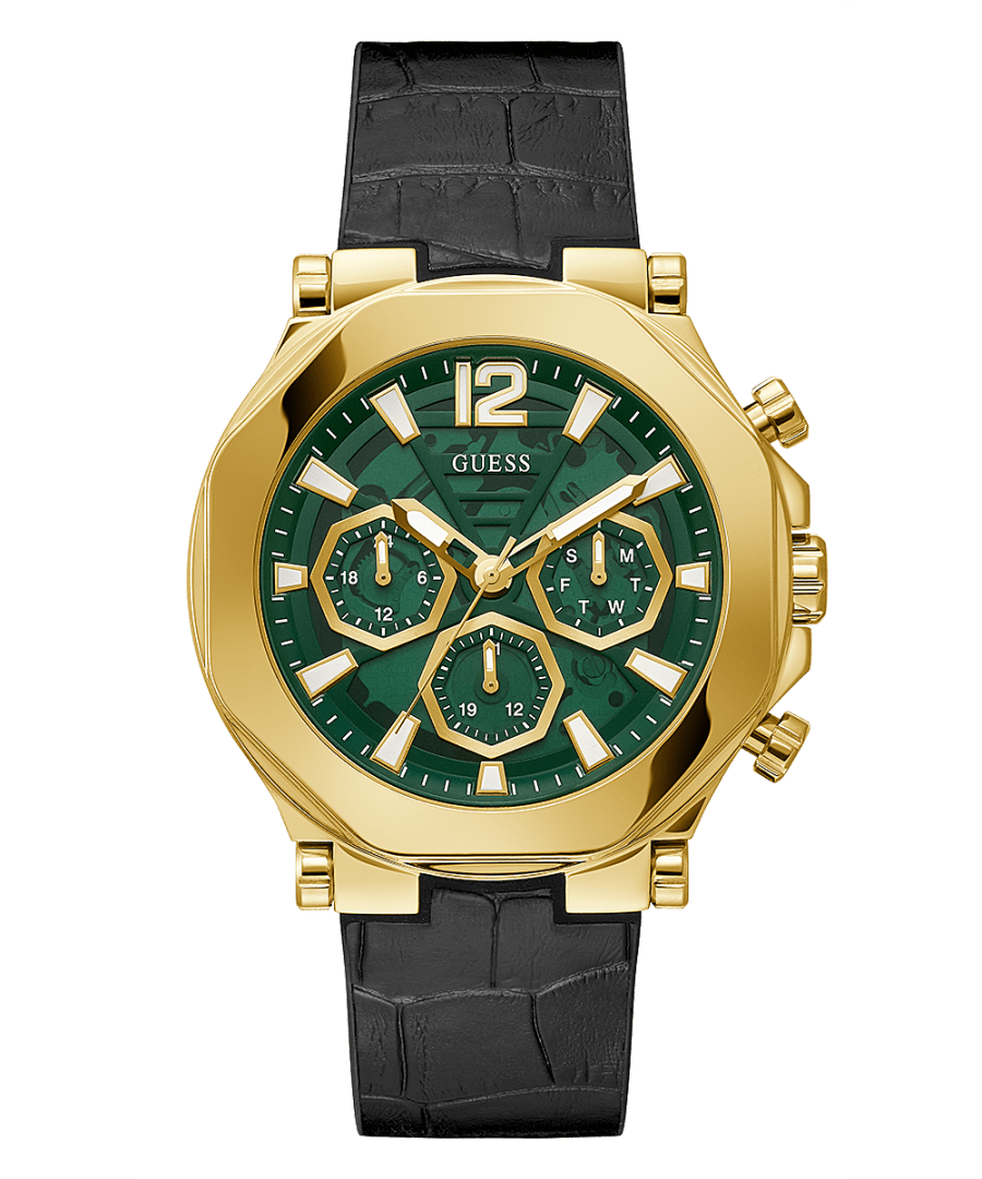 GOLD TONE CASE BLACK GENUINE LEATHER/SILICONE WATCH