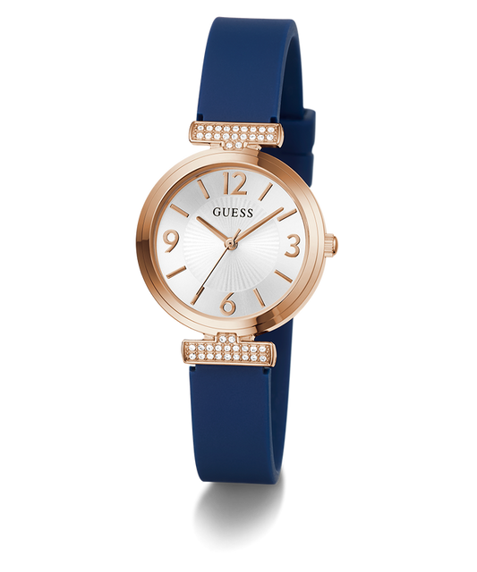 GUESS Ladies Blue Rose Gold Tone Analog Watch