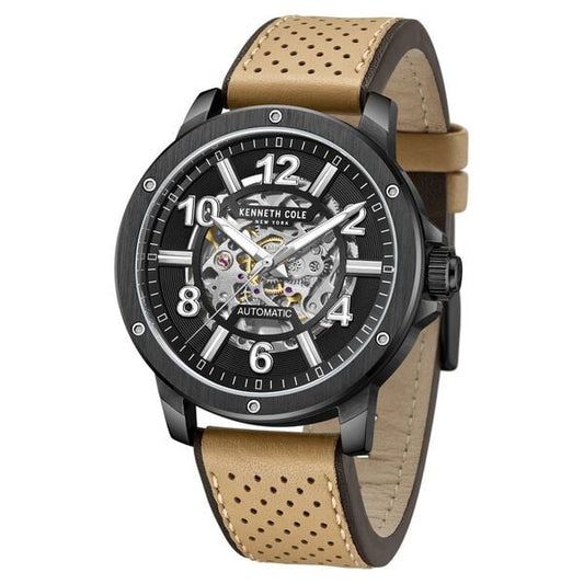 Kenneth Cole Automatic Black Dial Brown Leather Strap Watch For Men