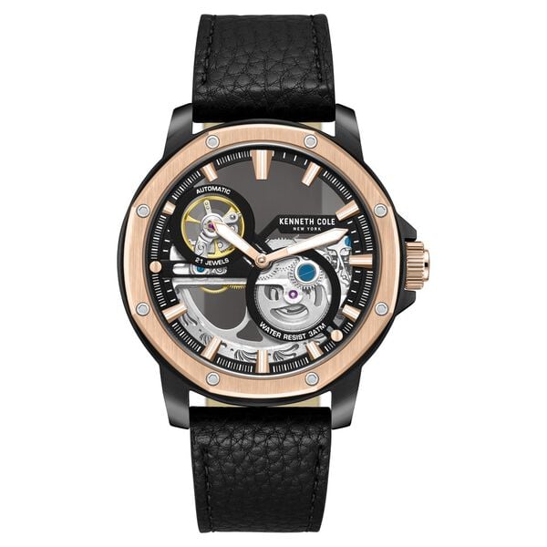 Kenneth Cole Automatic Black Dial Black Leather Strap Watch For Men