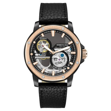 Kenneth Cole Automatic Black Dial Black Leather Strap Watch For Men