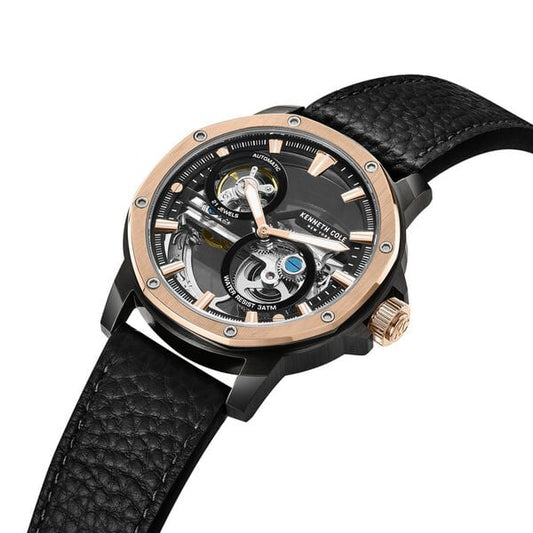 Kenneth Cole Automatic Black Dial Black Leather Strap Watch For Men