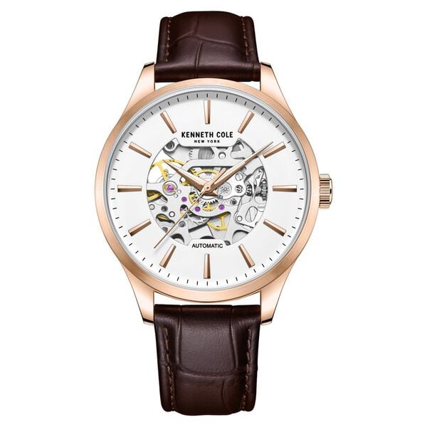 Kenneth Cole Automatic White Dial Leather Strap Watch For Men