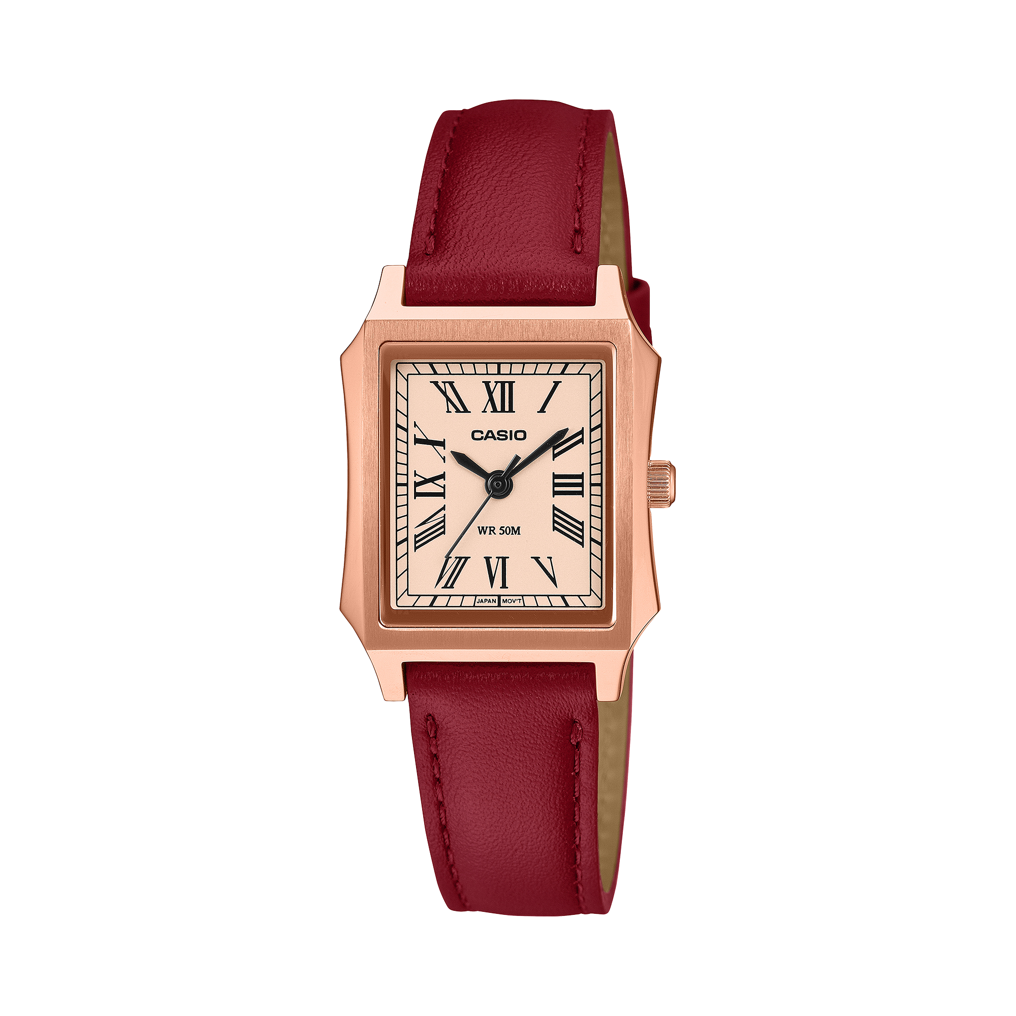 Casio Enticer Analog Rose Gold Dial Women Burgundy Genuine Leather Strap A2558