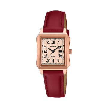 Casio Enticer Analog Rose Gold Dial Women Burgundy Genuine Leather Strap A2558