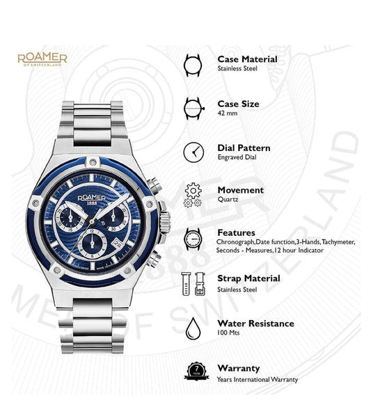 ROAMER 221837 41 45 20 Tempo master Chronograph Swiss Made Watch for Men