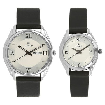 Titan Analog with Day and Date Silver Dial Leather Strap watch for Couple