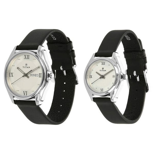 Titan Analog with Day and Date Silver Dial Leather Strap watch for Couple