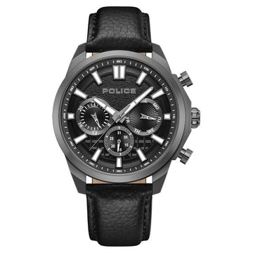 Police Quartz Multifunction Black Dial Black Leather Strap Watch For Men