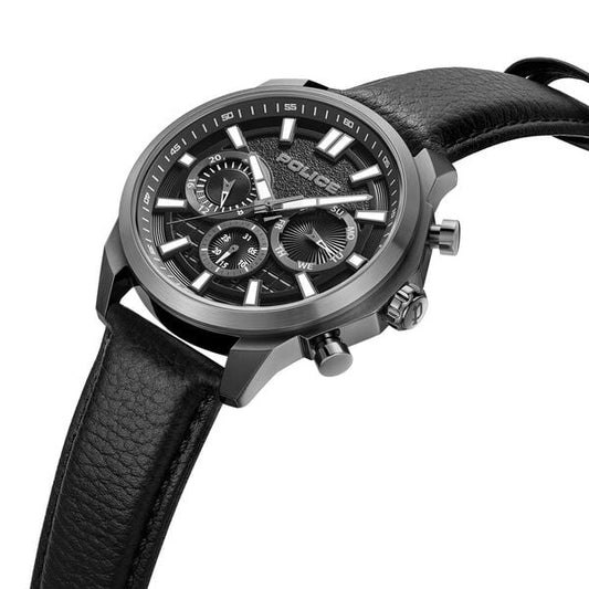 Police Quartz Multifunction Black Dial Black Leather Strap Watch For Men