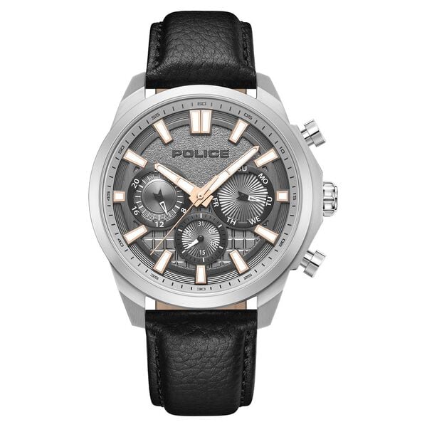 Police Quartz Multifunction Grey Dial Black Leather Strap Watch For Men