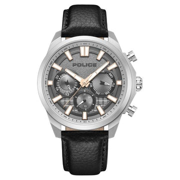 Police Quartz Multifunction Grey Dial Black Leather Strap Watch For Men