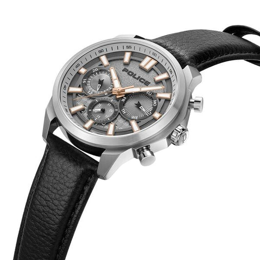 Police Quartz Multifunction Grey Dial Black Leather Strap Watch For Men