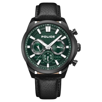 Police Quartz Multifunction Green Dial Black Leather Strap Watch For Men