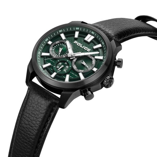 Police Quartz Multifunction Green Dial Black Leather Strap Watch For Men