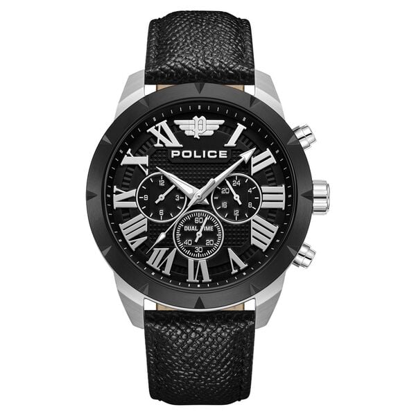 Police Quartz Multifunction Black Dial Black Leather Strap Watch For Men