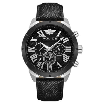 Police Quartz Multifunction Black Dial Black Leather Strap Watch For Men
