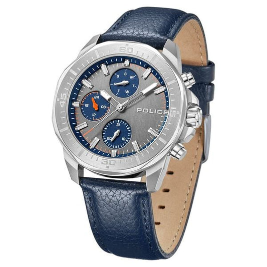 Police Quartz Multifunction Grey Dial Blue Leather Strap Watch For Men