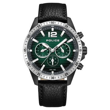 Police Quartz Multifunction Green Dial Black Leather Strap Watch for Men